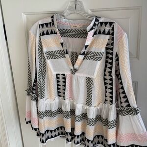 Mi Ami Women’s Boho Tunic Geometric Patterned Blouse in Black, White, and Pink